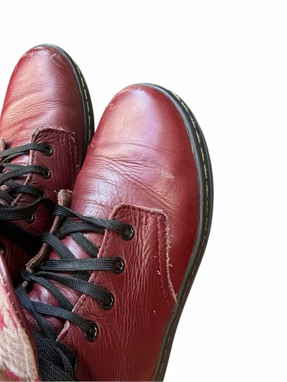 Dr. Martens Burgundy Leather Floral Lined Lace-Up Boots Vintage Style Size US 7L
